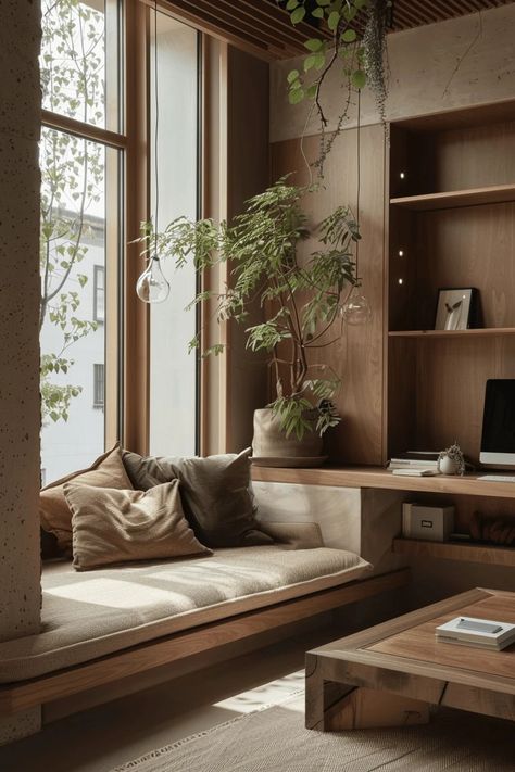 Luxury Biophilic Interior, Interior Design Industrial Minimalist, Biophilic Interior Design Living Room, Zen Home Interior, Japandi Condo, Cozy Study Room, Japandi Industrial, Home Office For 2, Japandi Office Design