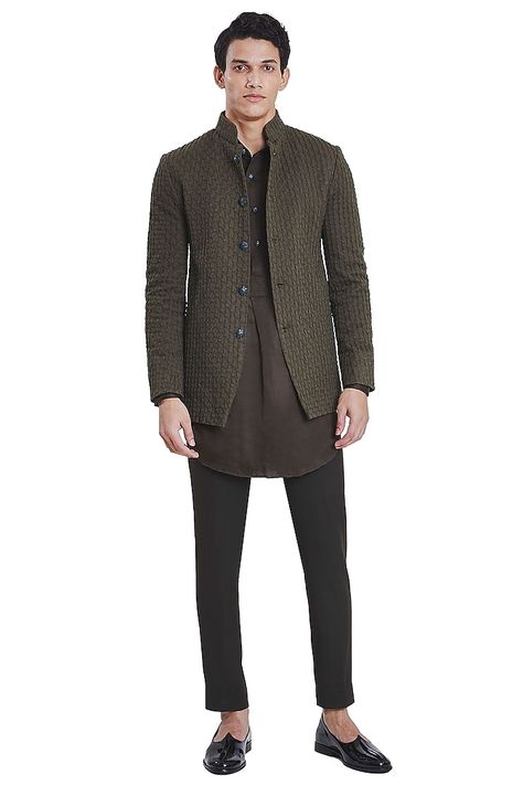 Olive Green Grid Bandhgala Jacket by Kunal Rawal Kunal Rawal, Boys Kurta Design, Sangeet Outfit, Mens Kurta Designs, Boys Kurta, Indian Men Fashion, Nehru Jackets, Indian Designer, Kurta Designs