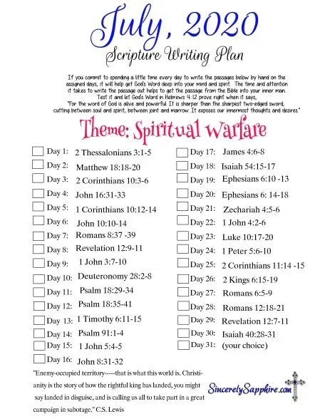 July 2020 Scripture Writing Plan -Spiritual Warfare Spiritual Warfare Bible Study, Writing Scripture, Bible Marriage, Biblical Woman, Bible Plans, Studying Scripture, Journal Items, Scripture Writing Plan, Scripture Writing Plans