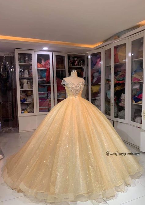 Light Gold Ballgown Ballgown Sparkly Wedding Dress - Etsy UK Yellow Gown For Debut, Out Of This World Theme Dress, Yellow Gold Quinceanera Dresses, Gold Ballgown Dress, Golden Quinceanera Dresses, Quince Dresses Yellow, Sweet 16 Dresses Gold, Quinceanera Dresses Yellow, Gown For Debut