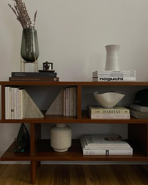 Dark Wood Bookshelf Styling, Entryway Bookshelf, Walnut Bookshelf, Bookshelf Design, Bedroom Style, New Apt, Contemporary Home Decor, Apartment Inspiration, Living Room Inspo