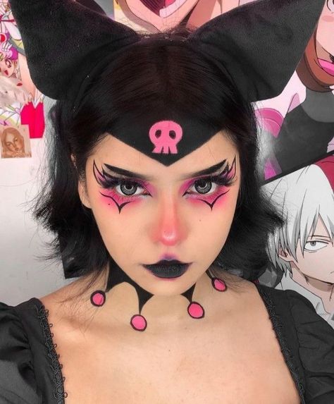 Sanrio Makeup Look, Kuromi Costume, Kuromi Fashion, Fem Cosplay, Clown Makeup Looks, Kuromi Cosplay, Kuromi Makeup, Sanrio Makeup, Eye Makeup Guide