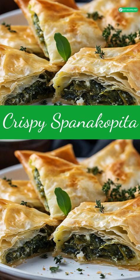 Enjoy Crispy Spanakopita with this simple recipe! Golden phyllo pastry filled with a delicious spinach and feta mixture. Spinach Philo Pastry Recipes, Greek Spanakopita Recipes, Spanokita Recipe Puff Pastry, Spanicopita Recipe Easy, Spanakopita Recipe Easy, Healthy Spanakopita Recipe, Spanicopita Recipe, Healthy Spanakopita, Spanokita Recipe Greek