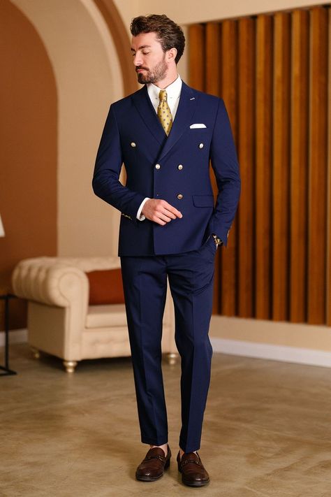 Redefined opulence in our VIOSSI's Navy Double Breasted Suit 2-Piece combines power and sophistication. With a 6-button double-breasted blazer adorned with assertive peak lapels, this ensemble elevates your presence and style, offering a commanding yet refined look for any occasion. #navydblbreastedsuit #6buttonblazer #peaklapels #mensfashion #formalattire #sartorialpower #distinctiveensemble #sophisticatedstyle #tailoredprecision Navy Double Breasted Suit, Navy Blue Suit Men, Suits For Guys, Double Breasted Suit Men, Suit Styles, Double Breasted Tuxedo, Suit Stores, Blue Suit Men, Slim Fit Suit Men