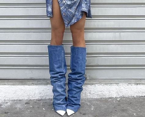 Diy Denim Boot Covers, Demin Boots Outfit, Denim Boots Diy, Btv Outfits, Denim Boots Outfit, Denim Cowboy Boots, Shoe Customization, Denim Lookbook, Reworked Jeans