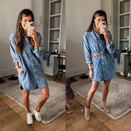 Chambray Shirt Outfit Fall, Chambray Shirt Dress Outfit, Chambray Dress Outfit, Long Sleeve Chambray Dress, Chambray Shirt Outfit, Autumn Shirt Outfit, Chambray Shirt Outfits, Long Denim Shirt, Fall Outfits Trendy