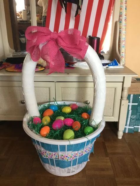 50+ Adorable Easter Basket Ideas That Make an Egg-Cellent Gift - HubPages Outdoor Easter Basket Ideas, Laundry Basket Easter Basket, Walmart Baskets, Easter Bunny Basket Craft, Giant Easter Basket, Outdoor Easter Decorations Diy, Cucumber Trellis Diy, Easter Window, Fun Easter Baskets