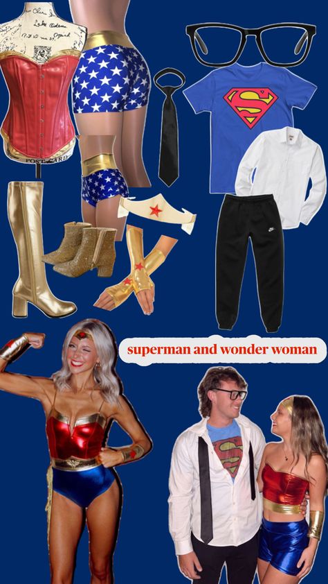 Wonder Woman And Superman Costume Couple, Easy Wonder Woman Costume, Superman Wonder Woman Costume, Superhero Costume Couple, Superman And Superwoman Costumes, Superwomen Costume Ideas, Couple Halloween Costumes Blonde, Superman Couple Costume, Wonder Woman Couple Costume