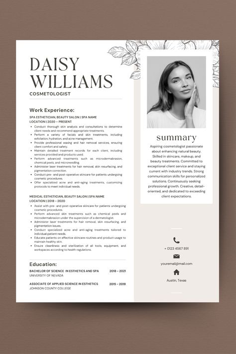 Shine in the beauty industry with our Floral An Example of Esthetician Resume Application, crafted just for Canva. This elegant, feminine template set features a floral design and includes both 1-page and 2-page resumes, a cover letter, headshot, and business card templates. Ideal for estheticians, cosmetologists, and beauty professionals, this bundle is fully customizable to highlight your skills, experience, and passion with flair. Resume Template For Graphic Designers, Headshot Business Card, Elegant Cv Design, Creative Cv Ideas, Cv Layout Design, Resume Aesthetic, Cosmetology Resume, Aesthetic Resume, Hairstylist Resume