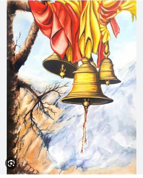 Uttarakhand Culture Painting, Temple Bells Painting, Marriage Symbol, Photorealism Art, File Decoration Ideas, Temple Bells, Painting Reference, Kalamkari Painting, Art Watercolor Painting