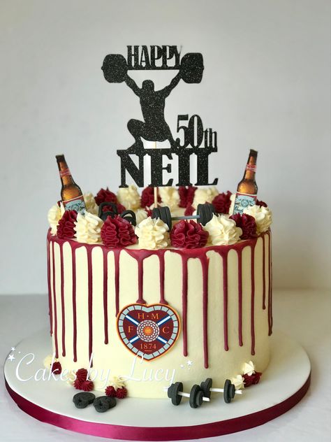 Hearts FC drip cake with weights Happy 50th, Drip Cake, Drip Cakes, Cake