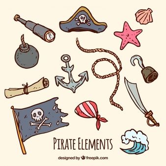 Collection of hand drawn traditional pirate elements Pirate Ship Doodle, Pirate Aesthetic Drawing, Cute Pirate Drawing, How To Draw A Pirate, Pirate Graphic Design, Pirate Doodles, Pirates Drawing, Pirate Drawings, Pirates Character