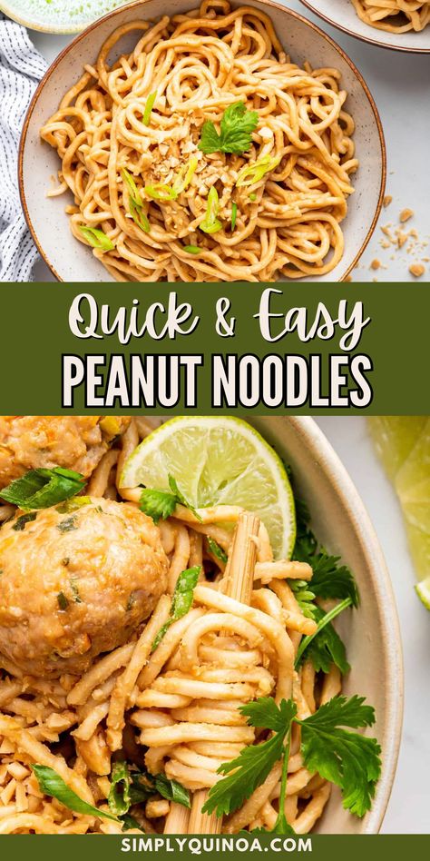 How to make quick and easy peanut noodles. This budget friendly meal is so easy to make and so delicious. Sweet, savory, tangy peanut sauce and ramen noodles is a comforting meal. Add any protein to the noodles dish. Easy Peanut Noodle Recipe, Peanut Butter Ramen Noodles, Peanut Sauce Noodles, Best Healthy Dinner Recipes, Pumpkin Pasta, Peanut Noodles, Simply Quinoa, Takeout Food, Healthy Pasta