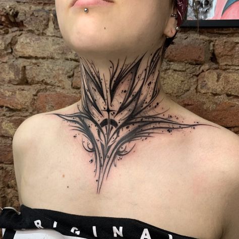 Neck And Chin Tattoos, Creepy Throat Tattoo, Diamond Throat Tattoo, Throat And Neck Tattoos Women, Metal Neck Tattoo, Witchy Neck Tattoos Women, Full Front Neck Tattoos Women, Witchy Face Tattoo, Mandala Tattoo Neck For Women