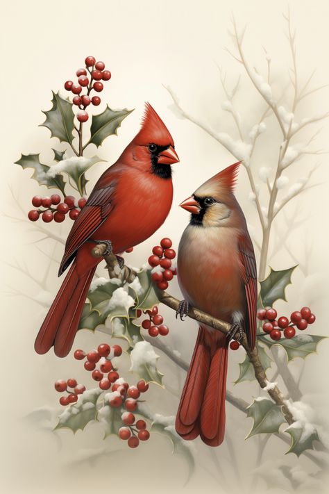 Delight in the vibrant beauty of winter with this exquisite digital download painting. The artwork lovingly showcases a pair of radiant cardinals, their striking red plumage standing out brilliantly against a soft, wintry backdrop. Perched gracefully on snow-kissed branches adorned with plump red berries and crisp holly leaves, these birds capture the very essence of the holiday season. Funny Christmas Paintings, Winter Birds Painting, Cardinal Birds Art, Winter Cardinals, Pine Tree Painting, Christmas Decor Vintage, Cardinal Painting, Xmas Art, Christmas Birds