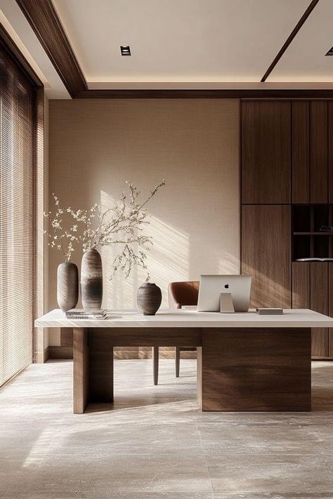 Home Office Japandi Style, Japanese Style Office Design, Japanese Home Office Design, Japandi Interiors Office, Japandi Modern Interior Design, Modern House Office, Japandi Scandinavian Interior, Japanese Office Design, Japandi Workspace