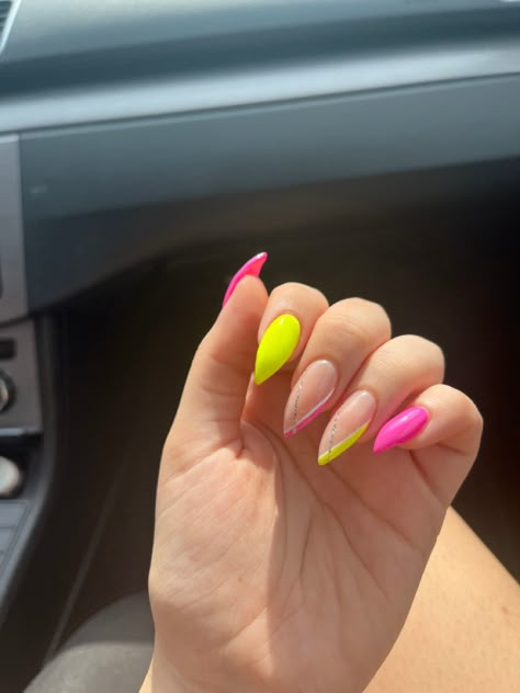 Sharp Summer Nails, Baddie Almond Nails Summer, Neon Nails Pink And Yellow, Yellow Pink Nails Design, Summer Pointed Nails, Pink And Yellow Almond Nails, Neon Pink And Neon Yellow Nails, Pink And Yellow Neon Nails, Neon Nails Summer 2024