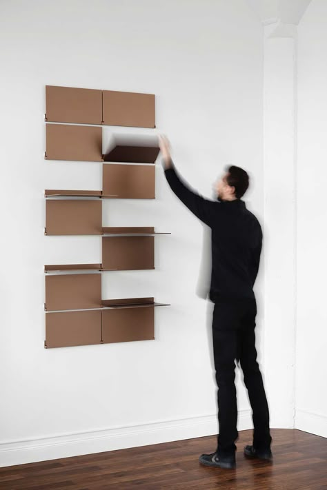 The modular Riveli Shelving collection by Lake + Wells simply flips down from the wall when you need shelves and flips up when you don't. Architectural Shelving, Aluminum Shelves, Regal Design, Modular Walls, Modular Shelving, Shelving Systems, Modular Furniture, Farmhouse Furniture, Furniture Layout