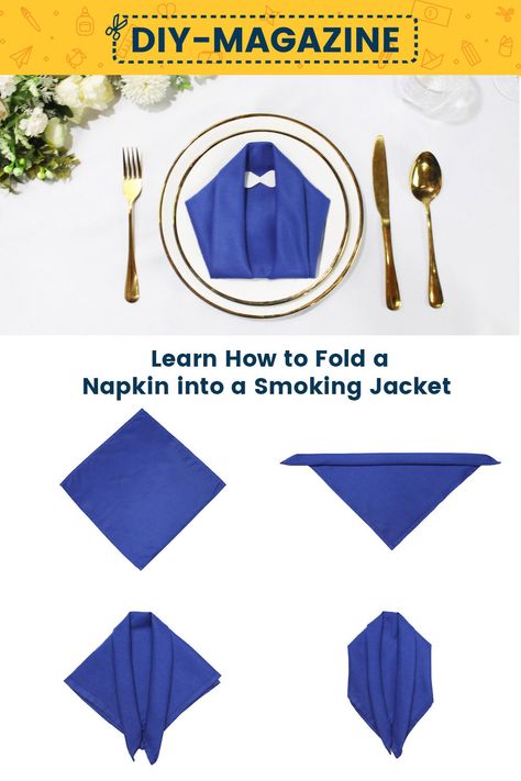 How to fold a napkin into a Smoking Tuxedo Jacket Tuxedo Napkin Fold, Suit Napkin Fold, Wedding Napkin Folding, Cloth Napkin Folding, Fancy Napkin Folding, Easy Napkin Folding, Paper Napkin Folding, Fancy Dinner Party, Suit Pin