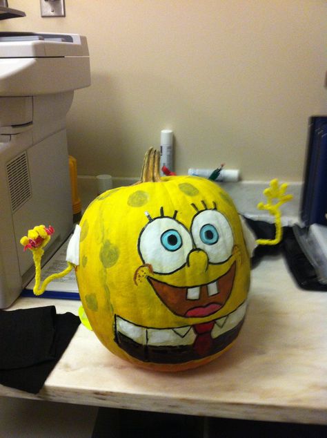 Sponge Bob Hand-Painted Pumpkin Easy Halloween Pumpkin Carving, Spongebob Pumpkin, Pumpkins Carving, Halloween Pumpkin Carving Ideas, Spongebob Halloween, Book Character Pumpkins, Disney Painting, Train Pumpkin, Character Pumpkins