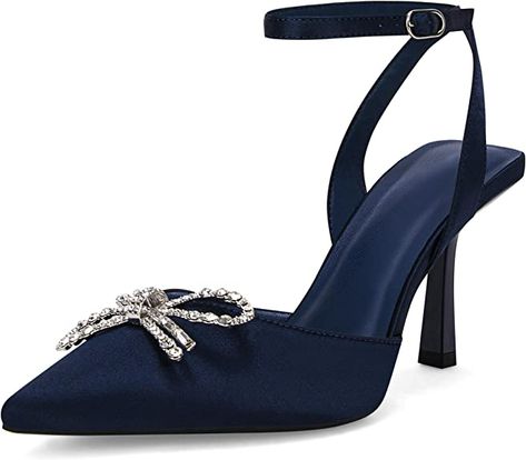 Amazon.com | Coutgo Womens Rhinestone Bow Heels Pumps Kitten Heel Pointed Toe Rhinestone Bow Heels Wedding Dress Shoes Navy | Shoes Navy Blue Shoes Heels, Bow Heels Wedding, Rhinestone Bow Heels, Navy Pumps, Navy Blue Heels, Navy Heels, Heels Prom, Closed Toe Heels, Heels Wedding