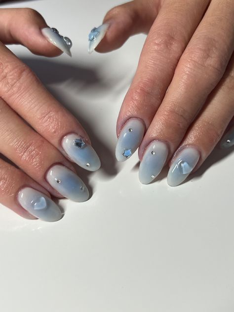 nail inspo gel x acrylic summer nails winter nails spring nails fall nails nail art Blush Blue Nails, Korean Blush Nails Blue, Newjeans Inspired Nails, Japanese Hard Gel Nails, Easy Blue Nails, Blue Blush Nails, Japanese Jelly Nails, Blue Korean Nails, Blushing Nails