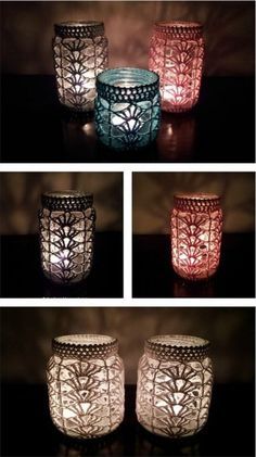 ขวดโหล Mason Jar, Crochet Jar Covers, Crochet Candle, Confection Au Crochet, Crochet Cozy, Diy Jar Crafts, Mason Jar Crafts Diy, Mason Jar Lighting, Jar Diy