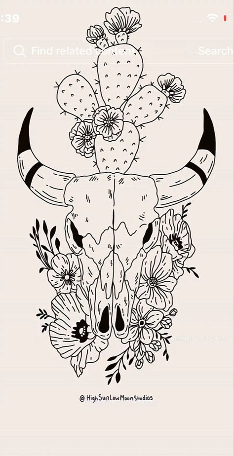 Livestock Tattoo Ideas, Cow Skull Drawing With Flowers, Western Patch Work Tattoos, Steer Skull Drawing, Long Horn Tattoo For Women, Western Leg Tattoos, Western Sleeve Tattoos For Women, Desert Tattoos, Western Floral Tattoo