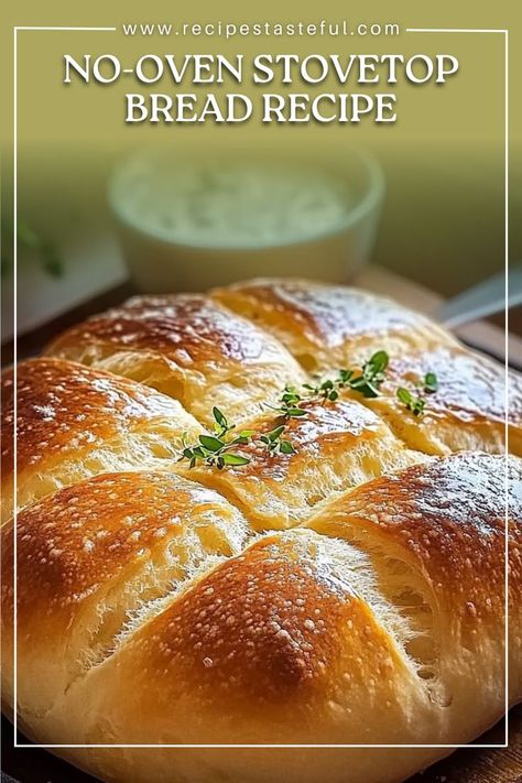 This No-Oven Stovetop Bread is a simple, quick, and delicious way to enjoy fresh bread without turning on the oven. Made with basic ingredients like flour, yeast, and warm milk, the bread is boiled before being cooked to a golden crisp on the stovetop. Perfect for when you want homemade bread in no time! No Bake Stove Top Bread, Stovetop Dutch Oven Recipes, No Oven Bread Recipes, No-oven Stovetop Bread Recipe, No Oven Stove Top Bread, Fresh Yeast Recipes, No Oven Stovetop Bread, Stovetop Bread Recipe, Stove Top Bread