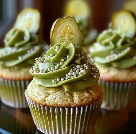 Savory Dill Pickle Cupcakes – Naomi's Recipes Savory Dill Pickle Cupcakes, Dill Pickle Cupcakes Recipe, Dill Pickle Birthday Cake, Savory Cupcakes Ideas, Dill Pickle Cupcakes, Pickle Cupcakes Recipe, Pickle Cake Ideas, Pickle Party Theme, Pickle Birthday Party