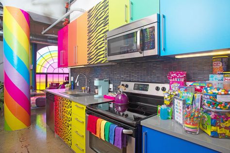 Penthouse Hotel, Rainbow Curtains, Rainbow Kitchen, Trapper Keeper, Colorful Kitchen, Lisa Frank, Smart Living, Hotel Room, Lounge Areas