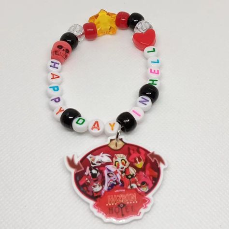 happy day in hell hazbin kandi bracelet!!! :D 🫧🫧🫧 🎀 available on etsy and depop! ♡ check out my page for tons of other kandi + jewelry content >:3 ♡ handmade with love by me! ♡ freebies with every order! thank you for your support <33 🫧🫧🫧 shares are greatly appreciated! you are helping me grow my small business <3 PLUR!! 🫶🌈 #kandi #kandikid #kandicuff #smallbusiness #smallbiz #kandibusiness #ravekandi #kandiraver #kandimaking #kandibracelet #scenekid #kidcore #fairykei #decorakei #hazbinh... Bracelets Kandi, Y2k 2000s, Kandi Kid, Kandi Cuff, Kid Core, Kandi Bracelets, Scene Kids, Bead Jewellery, Happy Day