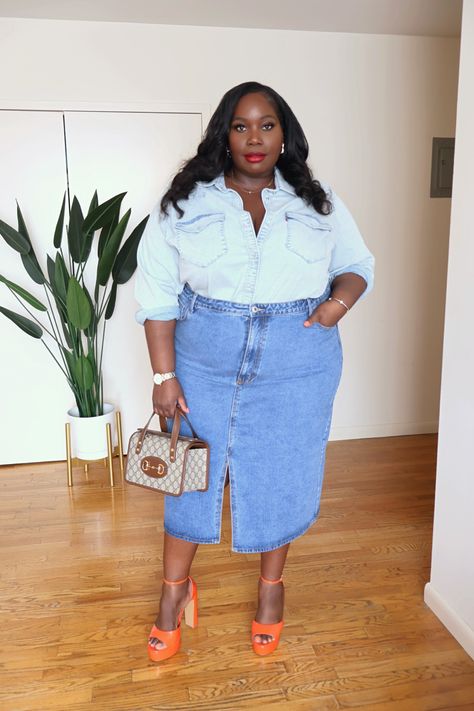 Plus size women in a denim shirt and denim midi skirt outfit Denim Midi Skirt Outfit Plus Size, Jean Skirt Plus Size Outfits, Long Denim Skirt Outfit Plus Size, Plus Size Jean Skirt Outfits, Plus Size Denim Skirt Outfit, Jean Skirt Outfits Plus Size, Plus Size Denim Outfits, Midi Denim Skirt Outfit, Jean Skirt Outfits Summer