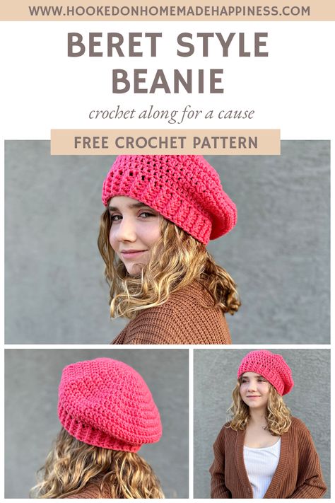 Beret Style Beanie Crochet Pattern - Hooked on Homemade Happiness Free Printable Crochet Hat Patterns, Wool Crochet Hat Pattern, Beret Free Crochet Pattern, Crochet Newsboy Hat Free Pattern Women, Crochet Slouchy Beret, How To Crochet A Beret Hat, Crochet Beanie Women, Crochet Barrette Hat, Baret Hat Crochet Pattern