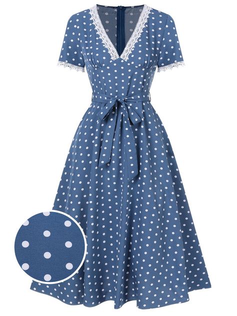 [Pre-Sale] Dark Blue 1930s V-Neck Polka Dots Belted Dress | Retro Stage Fall Dress Trends, 1930s Outfits, 1930 Dress, Square Neck Bodycon Dress, 1930s Fashion Dresses, 1930s Fashion Women, Vintage Polka Dot Dress, Outfits Retro, Summer Elegant