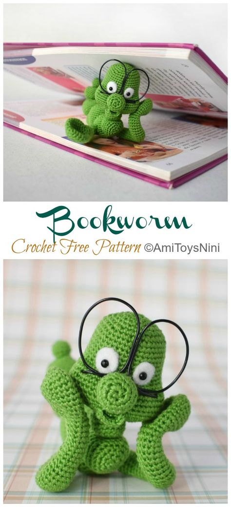 Amigurumi Bookworm Crochet Free Pattern - Crochet & Knitting Bookworm Crochet, Crochet Miniatures, Crochet Bookmarks Free Patterns, Small Bunny, Bookmark Pattern, Crochet Bookmark Pattern, Crocheted Animals, Crochet Bookmark, Crocheted Toys