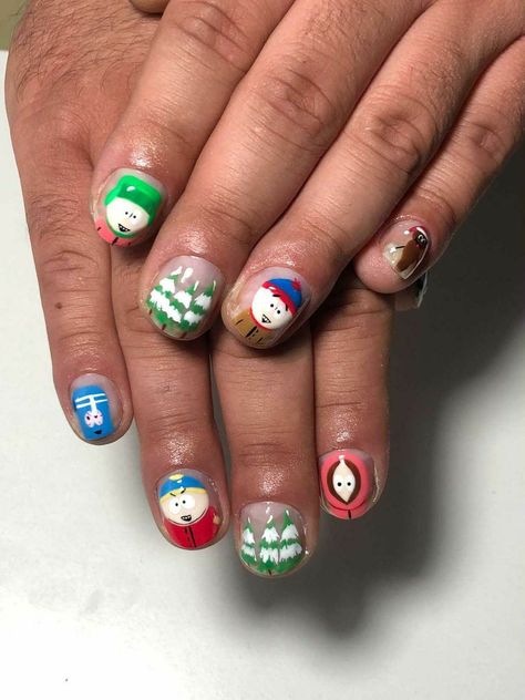 Manicura de south park en hombre chile That 70s Show Nails, South Park Nail Designs, South Park Inspired Nails, South Park Nail Art, Southpark Nails, South Park Outfits, South Park Nails, South Park Aesthetic, King Nails