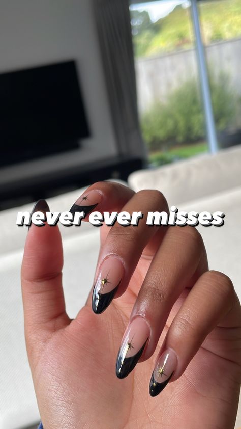 Mail Inspo Almond Black, Nail Design With Moon, Black Tips With Design, Black Gel X Nails Almond, Black Almond Nails With Stars, Prom Nails Black Almond, French Tip Moon Nails, Clear With Black Design Nails, Black Prom Nails Acrylic Almond