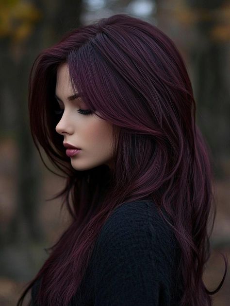 Deep Mahogany Hair Color Chocolate Brown, Black Hair Dye Colors, Moon Lights Hair, Vibrant Red Hair Color With Highlights, Fall Burgundy Hair, Fresh Hair Color Ideas Brunettes, Plum And Copper Hair, Cool Burgundy Hair Color, White Women With Black Hair