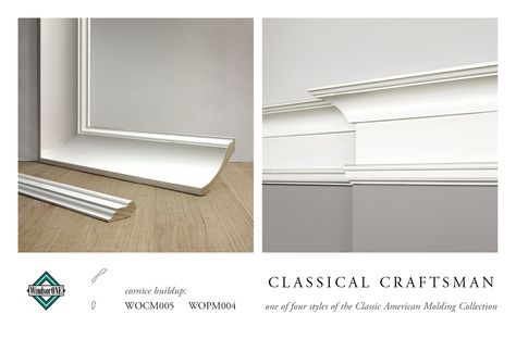 WindsorONE Classical Craftsman Cornice Buildup,(WOCM005 (crown), WOPM004 (picture mold)), part of the Classic American Molding Collection Colonial Crown Molding, Craftsman Molding And Trim, Early American Crown Molding, Craftsman Style Crown Molding, Georgian Style Crown Molding, Colonial Revival Crown Molding, Classical Craftsman Molding, Craftsman Crown Molding, Craftsman Moulding