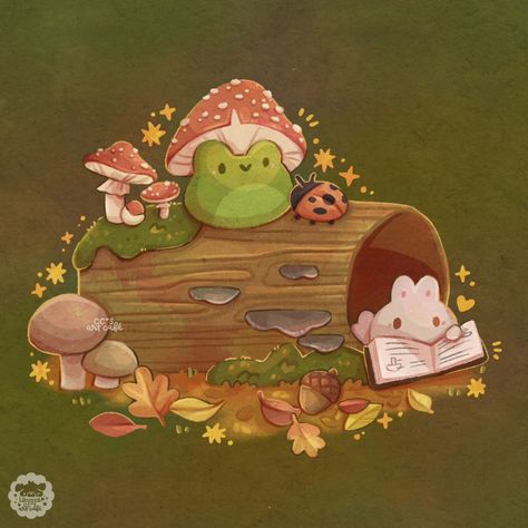 Finding new friends in the forest 🍂✨️ I love a lil foresty illustration and came up with this for #froggyfall hosted by the lovely @munespice 🩷 Autumn Forest Illustration, Cozy Prints, Goblincore Art, Painted Totes, Cottagecore Illustration, Cozy Illustration, Frog Aesthetic, Fun Doodles, Painted Tote