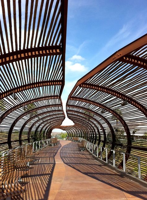 Dos Lagos Breezeway Architecture Cool, Walkway Landscaping, Covered Walkway, Bamboo Architecture, Pedestrian Walkway, Pedestrian Bridge, Bridge Design, Shade Structure, Street Furniture