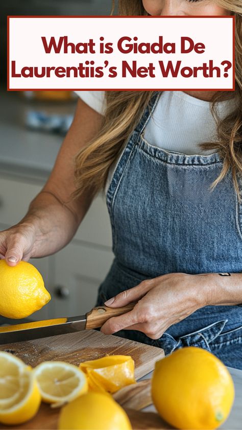 Giada De Laurentiis slicing a lemon in a kitchen with a background of some ingredient, showcasing her successful career as a celebrity chef, TV personality, and author. Female Chef, Giada De Laurentiis, Celebrity Chef, Successful Career, Tv Personality, Signature Dishes, Top Chef, Celebrity Chefs, A Chef