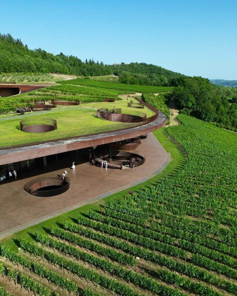 OC ™ | Antinori nel Chianti Classico is a renowned vineyard owned by the Antinori family, one of Italy’s most historic winemaking dynasties with… | Instagram Vineyard Building, Vineyard Lifestyle, Antinori Winery, Winery Landscape, Topography Architecture, Vineyard Architecture, Winery Architecture, Hillside Houses, Wineries Architecture