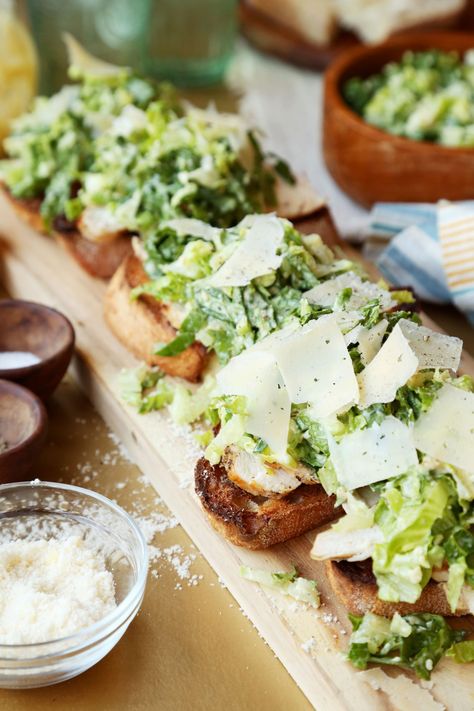 Caesar Salad Tartines - The Candid Appetite Fried Chicken And Waffles, Classic Caesar Salad, Open Faced Sandwich, Chicken Caesar Salad, Small Food Processor, Appetizer Salads, Chicken And Waffles, Entertaining Ideas, Caesar Salad