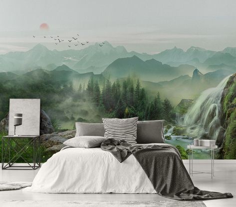 Waterfall Wallpaper Misty Landscape Wall Mural Sunrise Wall Print Country Style Home Decor Cafe Design Living Room by Murwall on Etsy https://www.etsy.com/uk/listing/661024008/waterfall-wallpaper-misty-landscape-wall Misty Landscape, Waterfall Scenery, Landscape Sunrise, Waterfall Wallpaper, Sunrise Wallpaper, Living Room Themes, Table Sofa, Up House, Forest Wallpaper