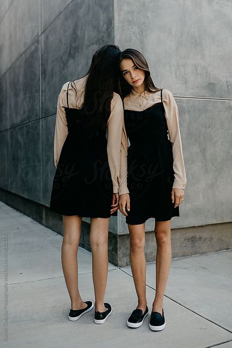 Two Women in Matching Outfits Posing Stoicly by Rachel Gulotta Photography for Stocksy United Poses For Friends, Mango Street, Fashion Photography School, Person Photography, Sister Photography, Sister Poses, Mode Editorials, Sisters Photoshoot, Bff Photoshoot