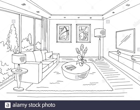 Room Perspective Drawing, Living Room Illustration, Perspective Room, Interior Design Sketchbook, Black White Home, Casa Interior, Perspective Drawing Architecture, Drawing Interior, Interior Architecture Drawing