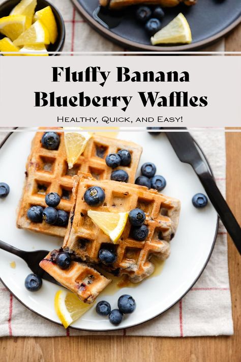 These banana blueberry pancakes are made with bananas, gluten-free flour, and a few other simple ingredients. They're INCREDIBLY fluffy and soft on the inside and crispy on the outside. The perfect sweet breakfast or brunch! The recipe is very forgiving so you don't have to stress about measuring everything perfectly. Definitely the best waffles I've had! via @healthfulideas Blueberry Waffles Easy, Blueberry Waffle Topping, Banana Blueberry Waffles, Vegan Blueberry Waffles, Buttermilk Blueberry Waffles, Blueberry Waffles Recipe, Banana Blueberry Pancakes, Blueberry Waffles, Banana Waffles