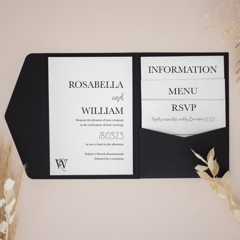 Our beautiful pocketfold invitations are the perfect way to invite your guests to your wedding! We have lots of different designs to choose from, which can be personalised to your exact requirements! 𝗣𝗥𝗢𝗗𝗨𝗖𝗧 𝗗𝗘𝗧𝗔𝗜𝗟𝗦 𝙎𝙞𝙯𝙚𝙨: Invitation & Inserts are A6 (10.5 × 14.8cm) with staggered heights on the different inserts. 𝘾𝙖𝙧𝙙𝙨𝙩𝙤𝙘𝙠: Printed onto 350gsm white card 𝙋𝙤𝙘𝙠𝙚𝙩𝙛𝙤𝙡𝙙𝙨: 80+ colours to choose from, 250-300gsm cardstock 𝙀𝙣𝙫𝙚𝙡𝙤𝙥𝙚𝙨: White mailing envelopes included when ordering pocketfolds with invitations & inserts only 𝙈𝙞𝙣𝙞𝙢𝙪𝙢 𝙊𝙧𝙙𝙚𝙧: We have a minimum order of 20 pocketfolds 𝗗𝗘𝗦𝗜𝗚𝗡 𝗗𝗘𝗧𝗔𝗜𝗟𝗦 All of our designs can be adapted to suit your wedding requirements. We can change the fonts, layout, wording and colours to ensure t Black And White Wedding Invitations Classy, Pocket Envelope Wedding Invitation, Wedding Invitation Stack, Wedding Invitation Envelope Ideas, Black Wedding Invitations Classy, White Wedding Invitations Elegant, Pocket Invitations Wedding, Wedding Invitations Black And White, Pocketfold Wedding Invitations